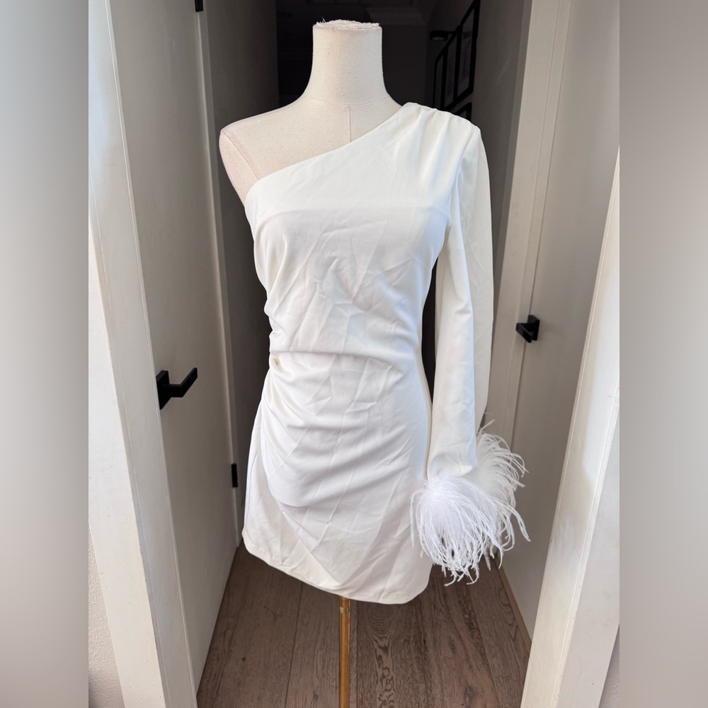 Ghrail Ellis Ivory Feather-Trim One-Shoulder Crepe Mini Dress Sz S MSRP $270 NEW - Picture 5 of 12